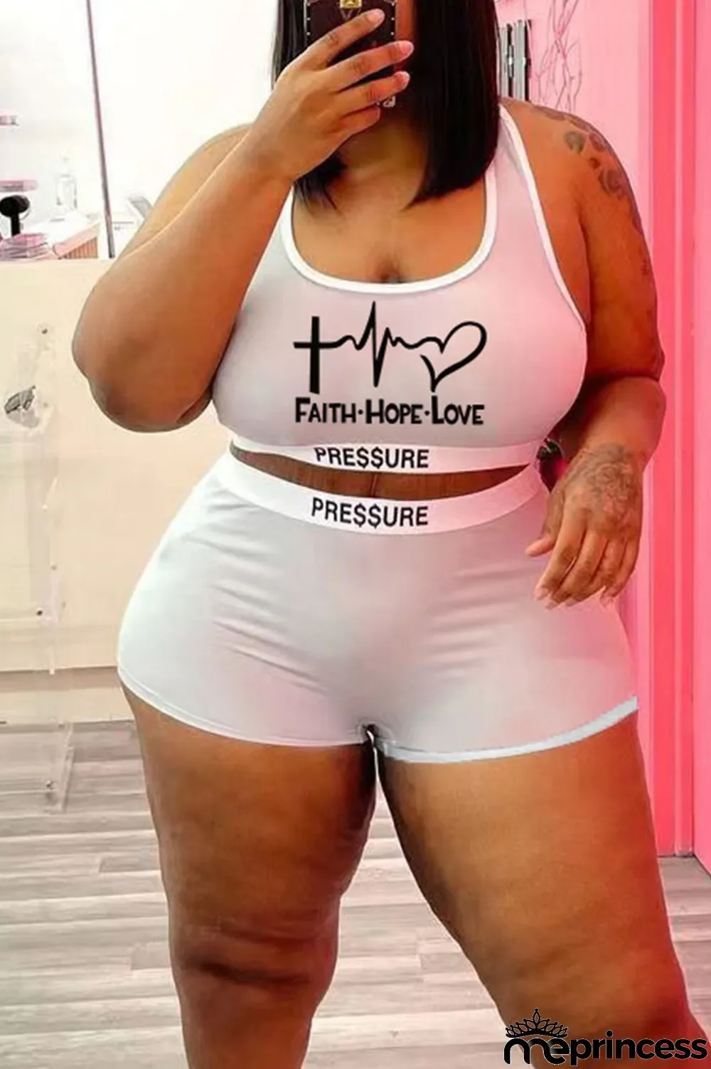 Black Casual Street Print Split Joint U Neck Plus Size Two Pieces