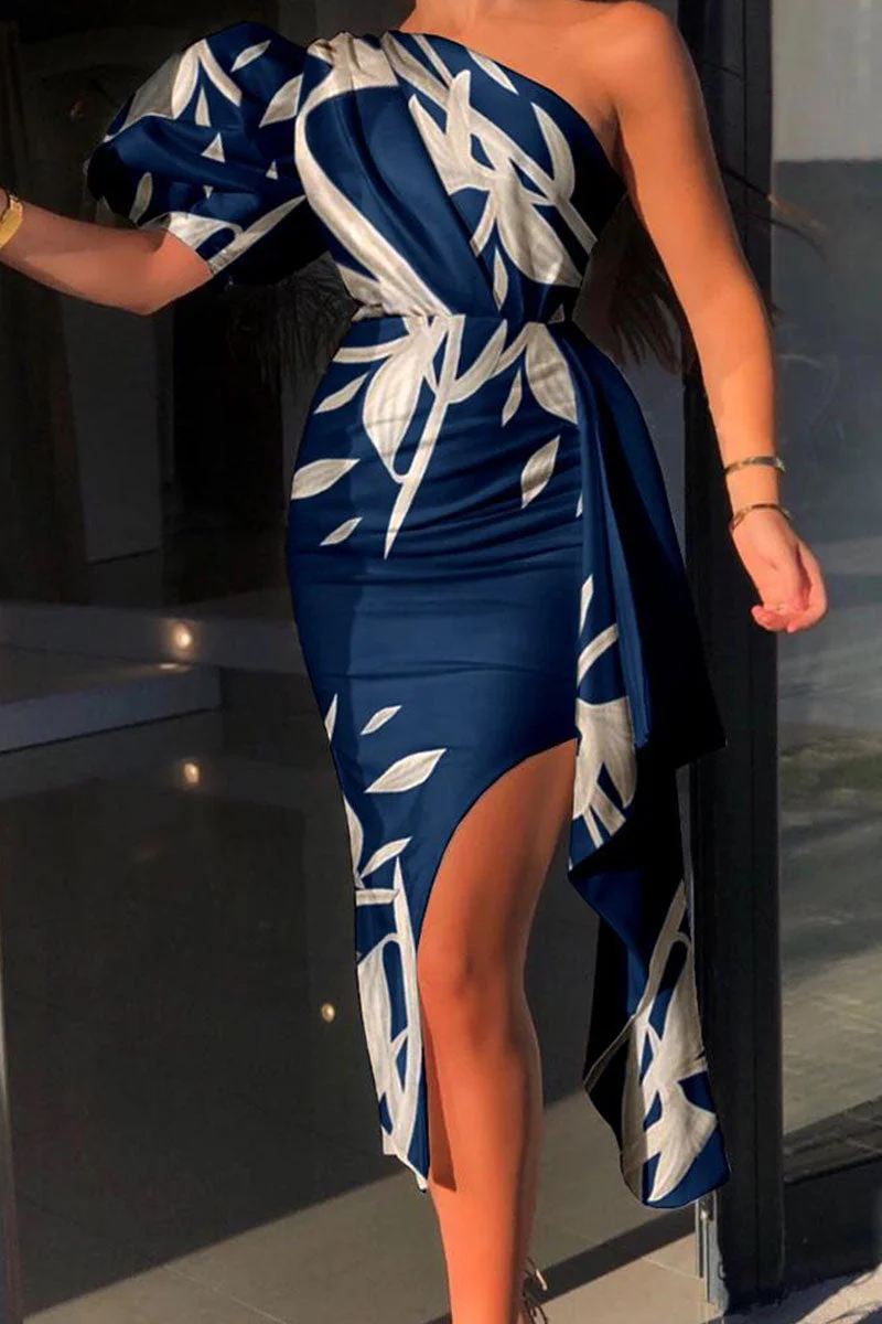 Elegant Print Patchwork Asymmetrical Oblique Collar Dresses