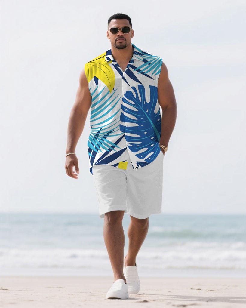 Hawaiian Men's Plus Size-Big Leaf White Tucked Shirt Shorts Suit