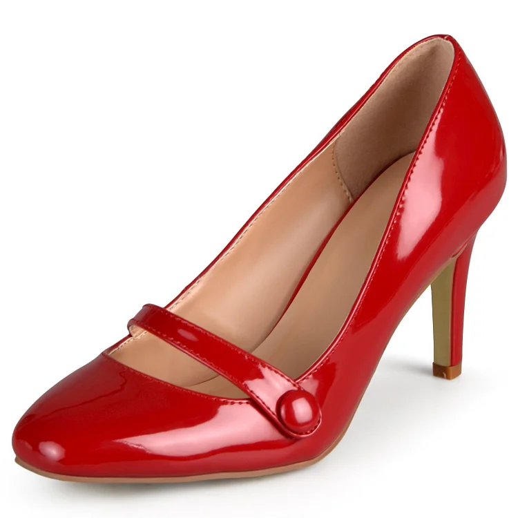 Red Round Toe Stiletto Heels Buckle Mary Jane Pumps |FSJ Shoes