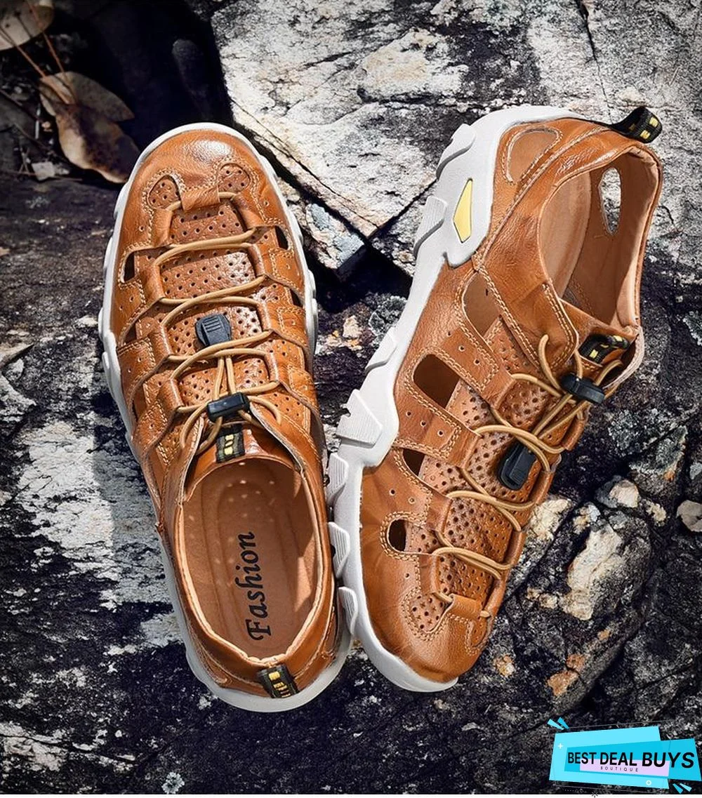 Men's Cow Genuine Leather Sandals Breathable Casual Shoes Footwear Walking Beach Sandals