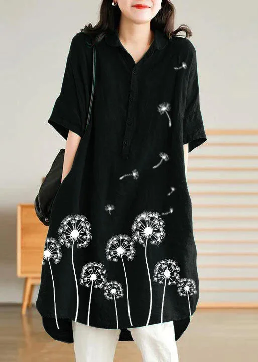 Jade Black dandelion Linen Women Casual Linen Shirt Dress