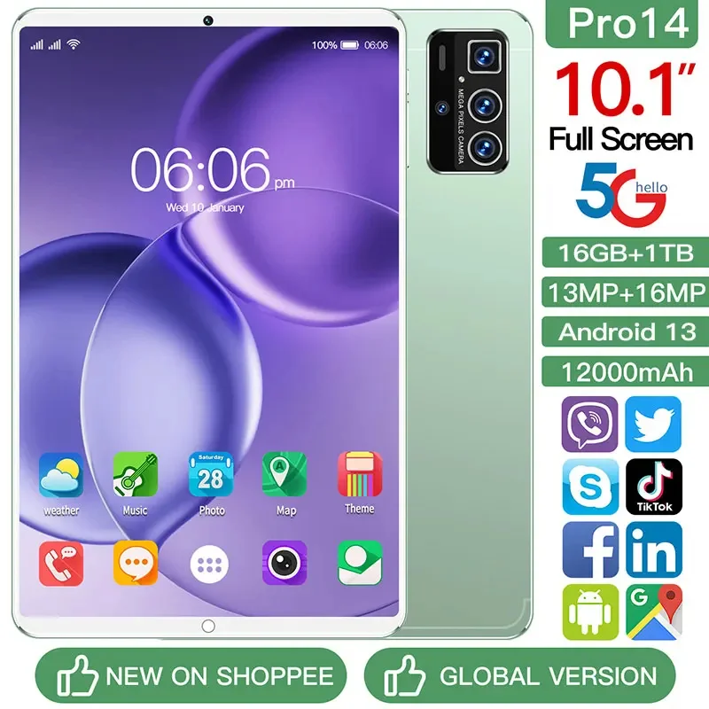 Nueva tableta Android Pro 14 de 10.1 pulgadas  16GB + 1TB, compatible con 5G Dual SIM o Wi-Fi.