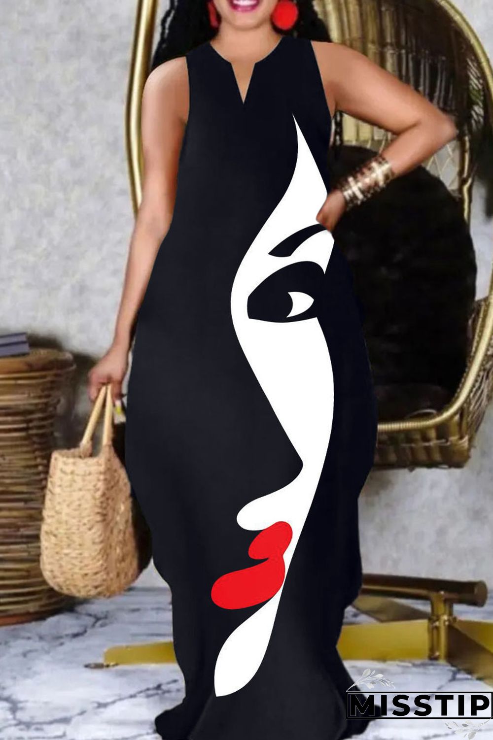 Black Casual Elegant Print Patchwork V Neck Straight Dresses