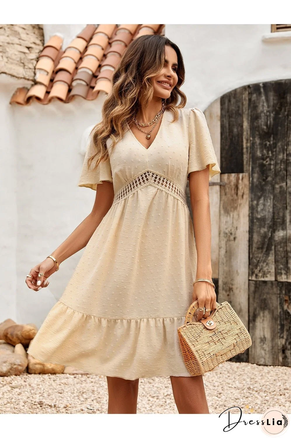 Swiss Dot V-Neck Openwork Puff Sleeve Dress