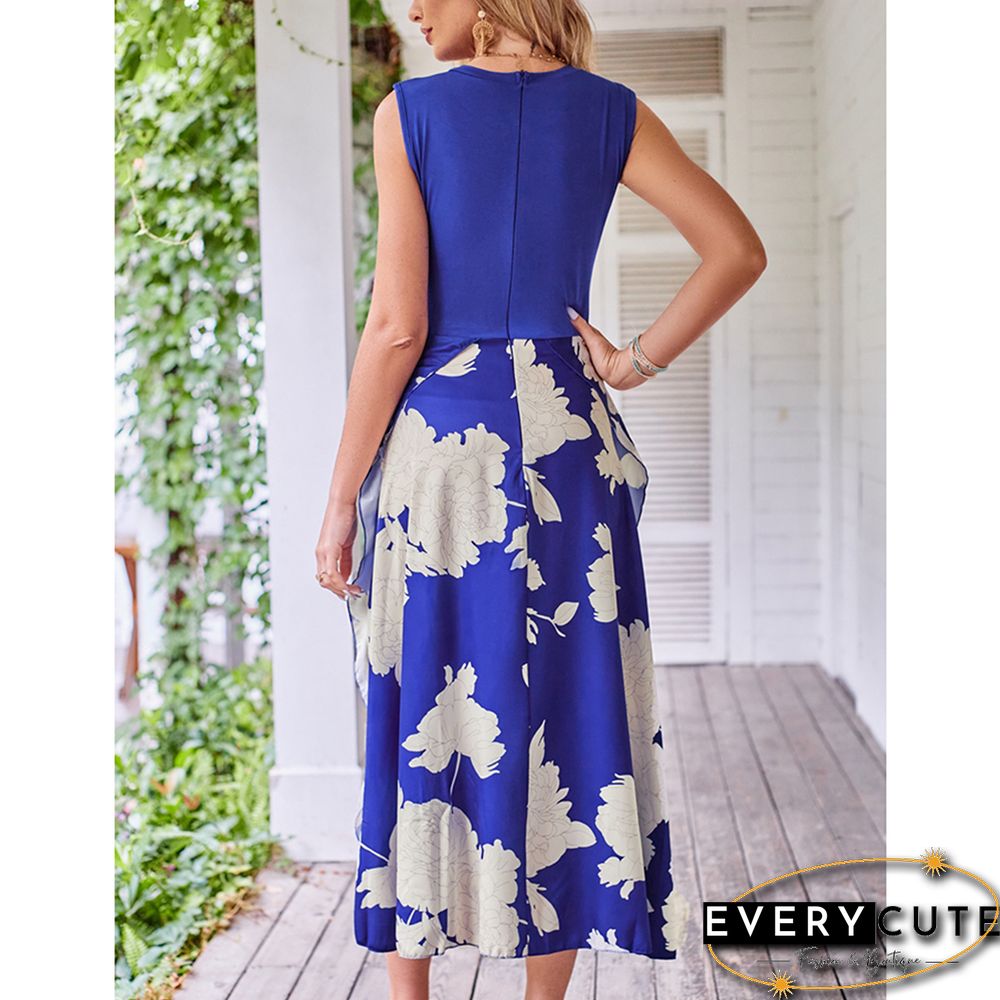Blue Sleeveless Print Dress with Split