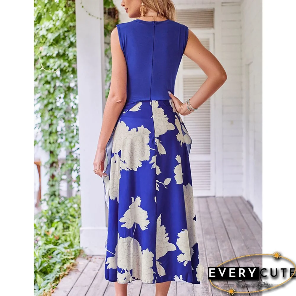 Blue Sleeveless Print Dress with Split