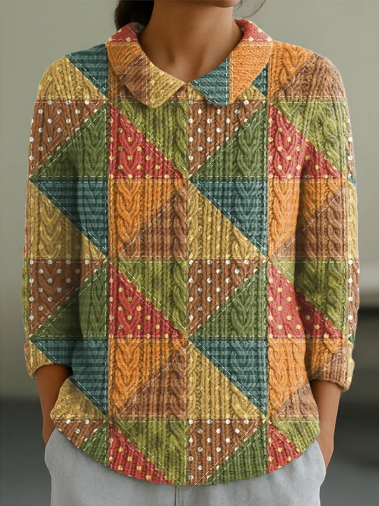 Women's Vintage Multicolor Diamond Geometric Painting Art Print Casual Peter Pan Collar 3/4 Sleeve Sweater