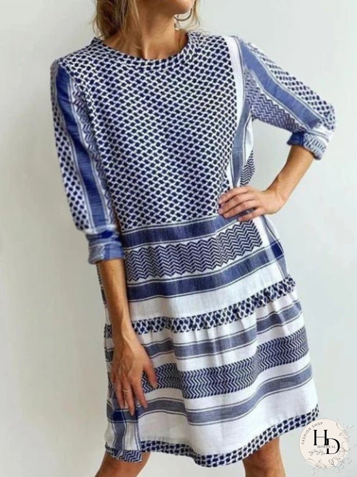 Dresses Casual Stripe Print Mid Sleeve Mini Dress for Women
