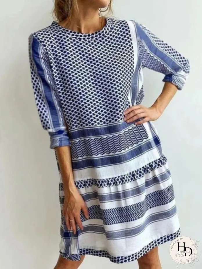 Dresses Casual Stripe Print Mid Sleeve Mini Dress for Women