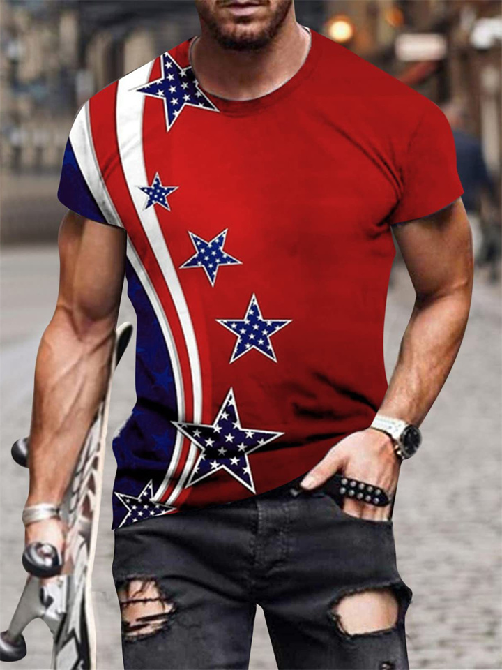 Men's Printed Short Sleeve Summer Round Neck T-Shirt Red Black White
