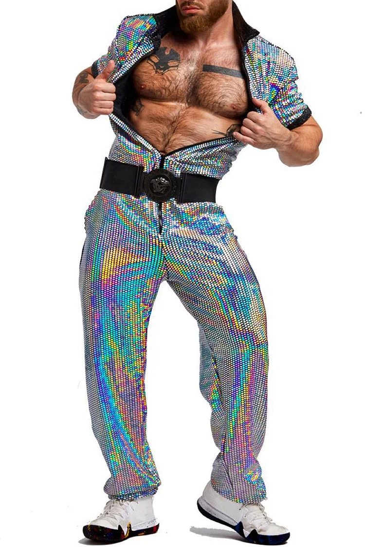 Laser Sequin Iridescent Zipper Short Sleeve Jumpsuit Without Belt