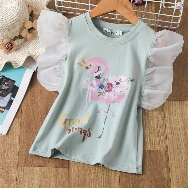 Girls T-shirts Short Sleeve Flamingo Unicorn Print Tops for Baby Girl Summer Clothes Sequins Tshirt 3-8Yrs Kids Tees for Girls