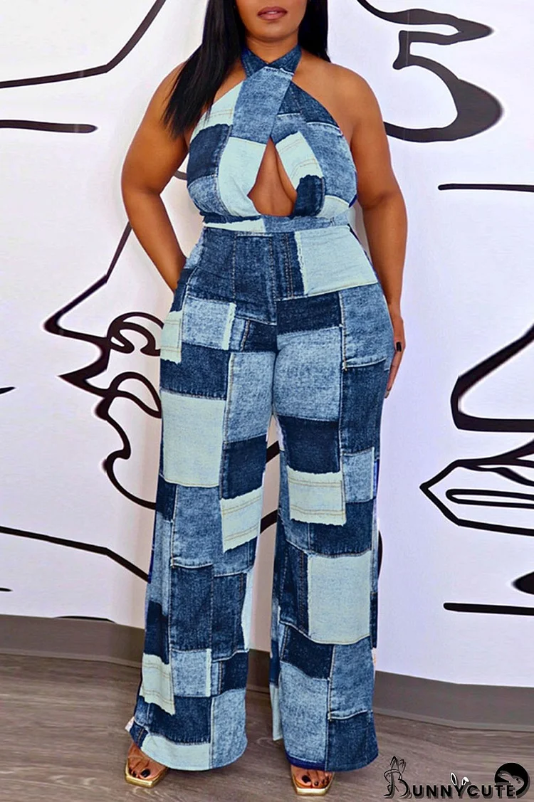 Blue Sexy Plaid Print Patchwork Backless Halter Straight Jumpsuits