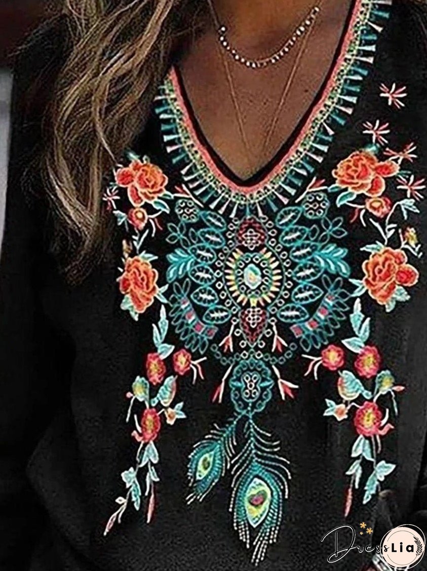 Black V-Neck Floral Print Long Sleeve Shirt