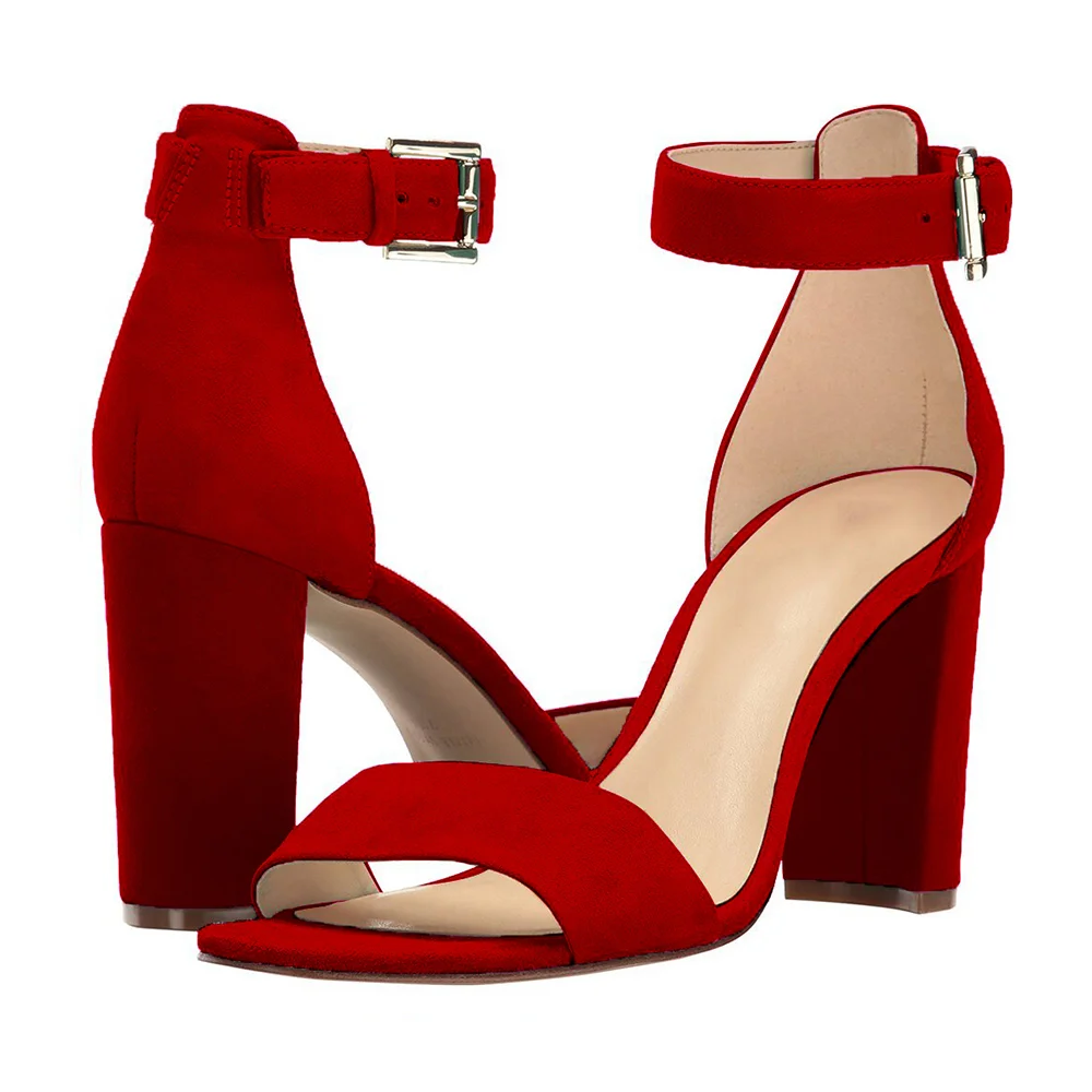 90mm Women's Ankle Strap Pumps Block Heel Suede Sandals Summer Shoes-MERUMOTE