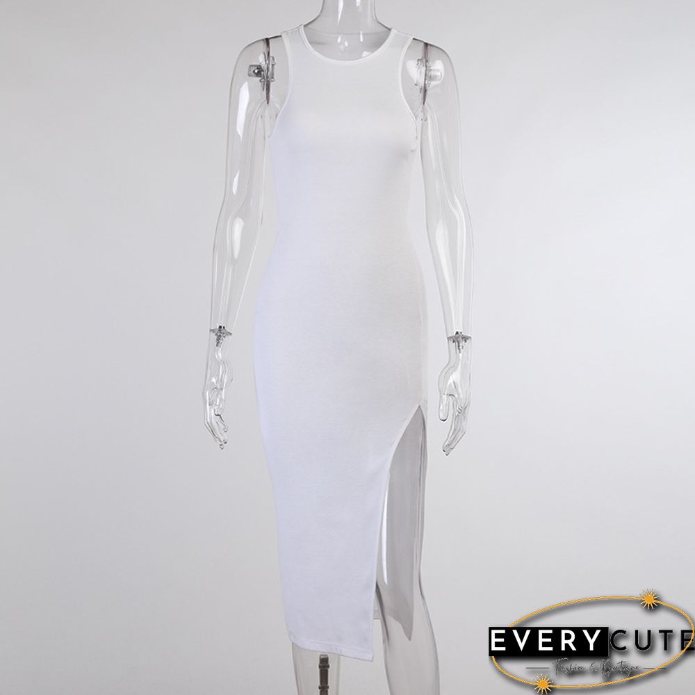 Bodycon Tank Dress Women Split Tight Commuter Long Robe Yellow Black Elegant Sundress Casual Office Knee Sheath Dresses