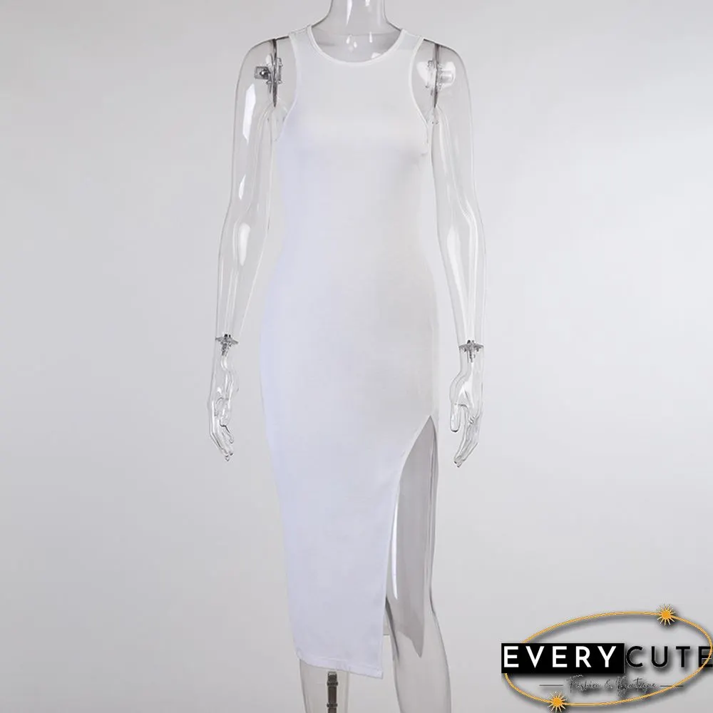 Bodycon Tank Dress Women Split Tight Commuter Long Robe Yellow Black Elegant Sundress Casual Office Knee Sheath Dresses