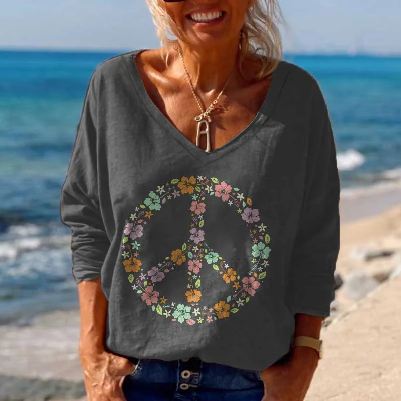 Fashion Peace Symbol Printed V-neck Long-Sleeve T-shirt