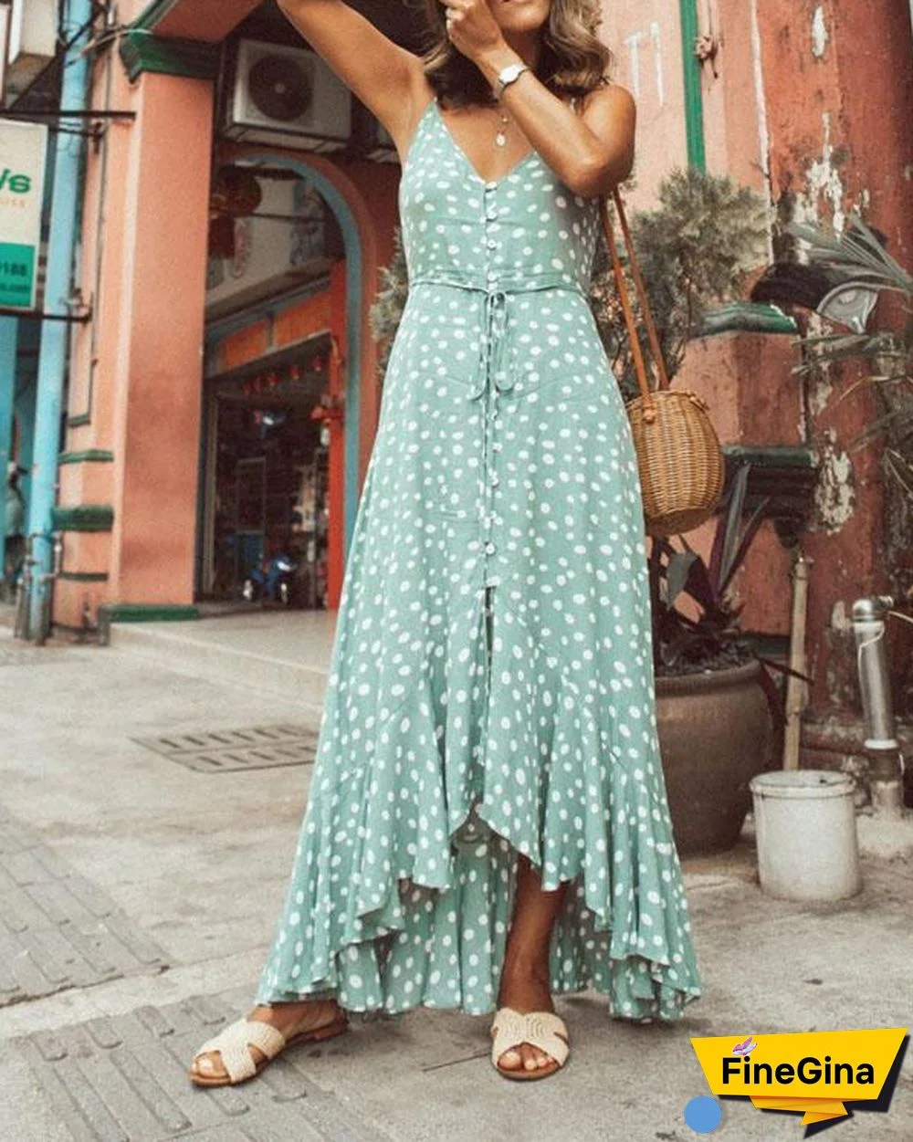 Polka Dot Ruffled Printed Bohemian Dress