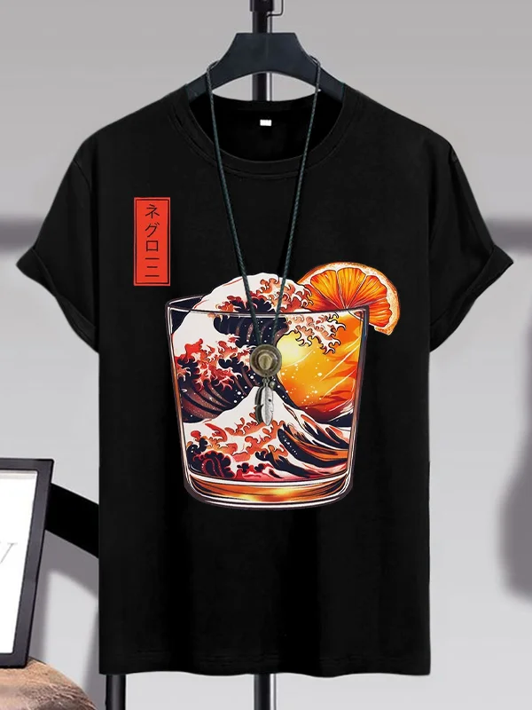 Men's The Great Negroni Wave Fun Cocktail Art Print Cotton Casual T-Shirt