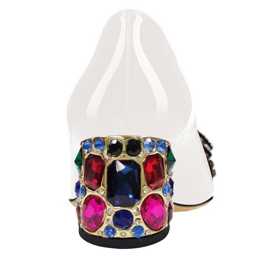 White Patent Leather Colorful Rhinestone Butterfly Block Heel Pumps