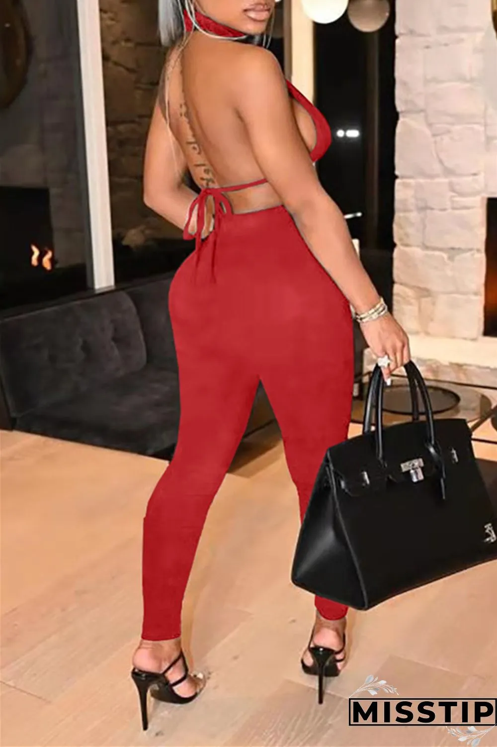 Red Fashion Sexy Solid Hollowed Out Backless Turtleneck Sleeveless Two Pieces