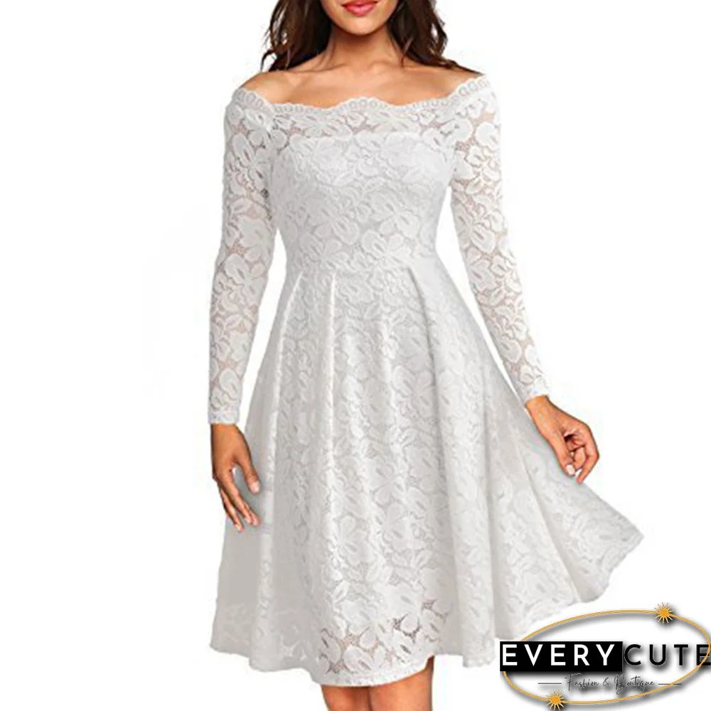 White Scalloped Off Shoulder Long Flared Sleeve Lace Dress