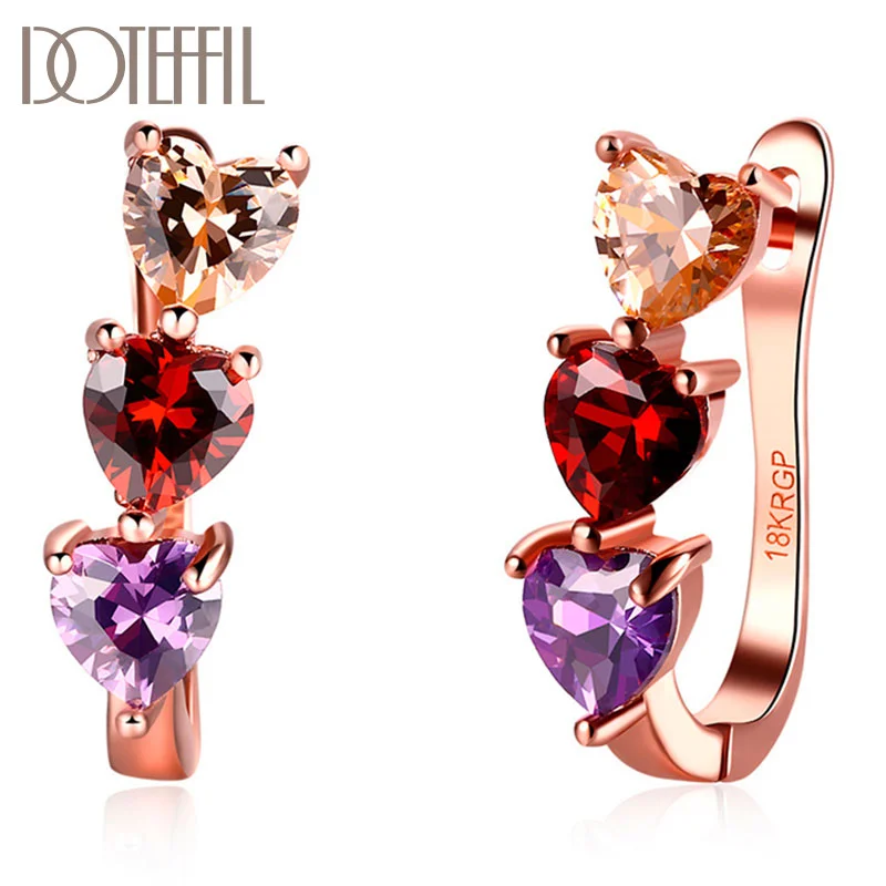 DOTEFFIL 925 Sterling Silver Multicolor AAA Zircon Heart-Shaped Rose Gold Earrings For Women Jewelry