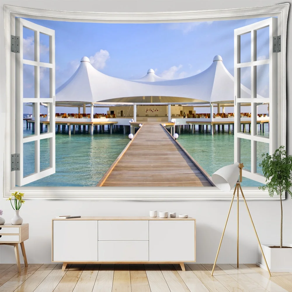 Landscape Outside The Window Tapestry Wall Hanging Bohemian Style Curtain Aesthetic Mandala Room Decor