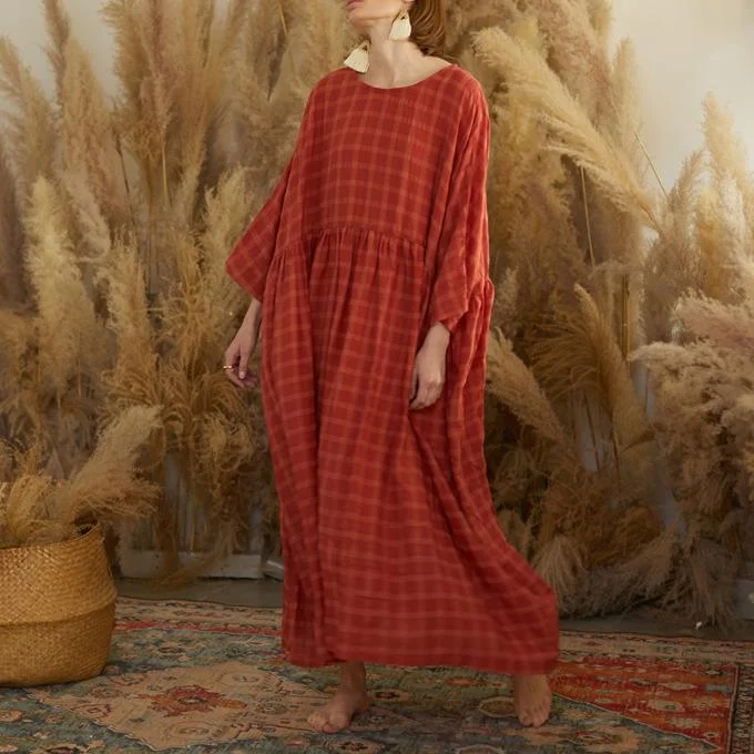 French red plaid cotton quilting dresses o neck patchwork long Dresses