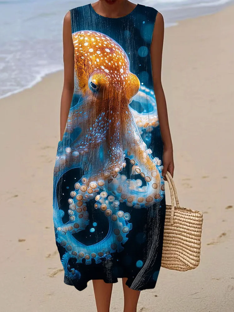 Women's Vintage  Octopus Art Print Sleeveless Cotton Pocket Wrap Dress