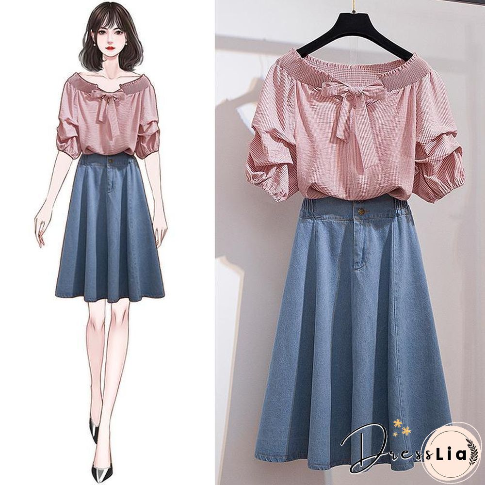Cute Off Shoulder Blouse+Denim Skirt P11160