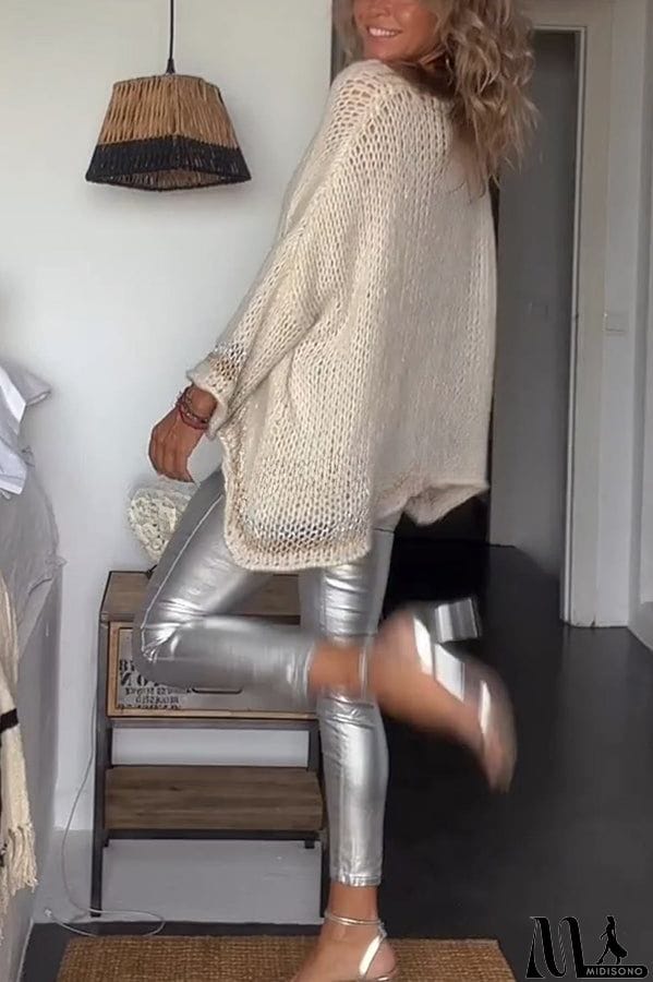 MidiSono - Autumn Treasure Knit Striped Trim Hollow Out Loose Pullover Sweater