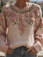 Vintage Boho Roses Embroidered Glitter Cozy Knit Sweater