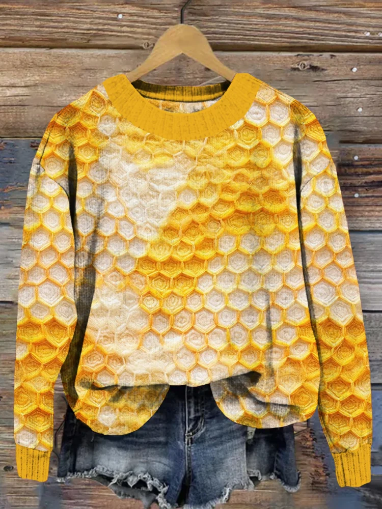 Bee Honeycomb Knitted Pattern Cozy Sweater