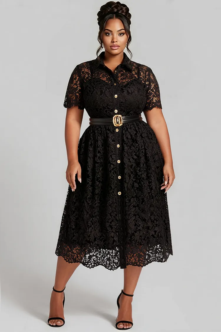 Xpluswear Design Plus Size Cocktail Party Black Shirt Collar Short Sleeve Button Lace Midi Dresses [Pre-Order] 2024 - Xpluswear
