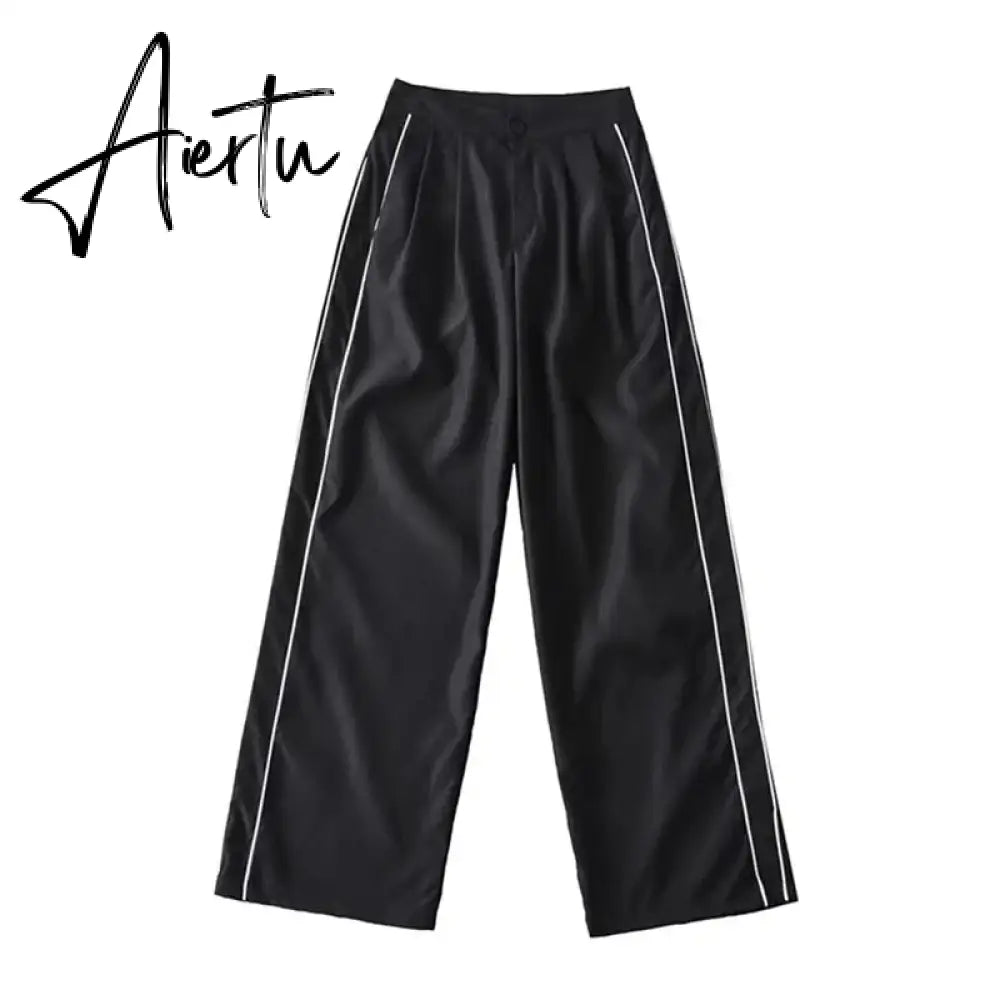 White Black Sports Tracksuits Set Women Windbreak Fast Dry Cropped Zip Up Jackets Coat Top Wide Leg Baggy Pants Trousers Aiertu