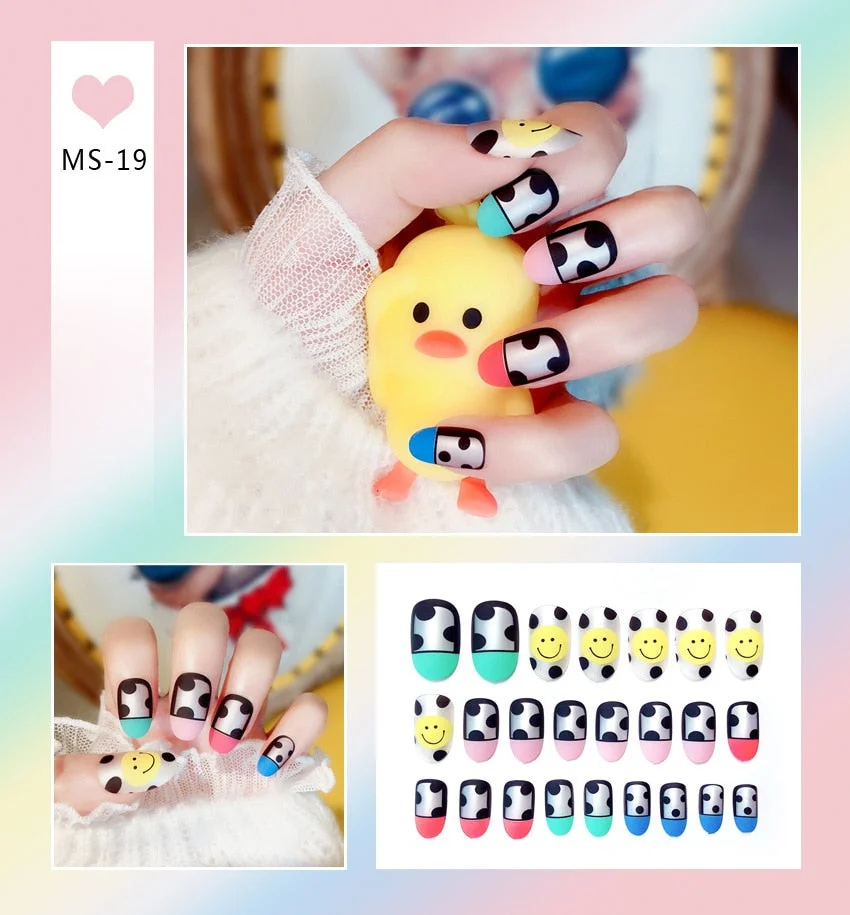 24pcs Matte False Nail Press On Nail With Glue Round Graffiti Fake Nail Manicure Nail Art Decoration  Nail Art Tools-Nail Inspo