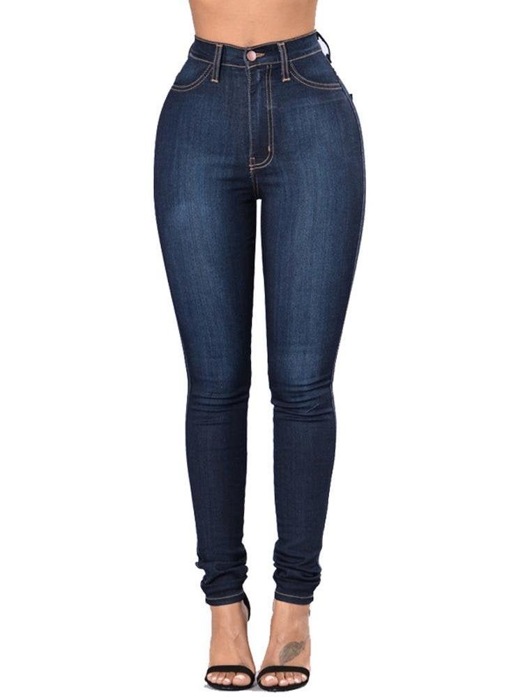 Summer Women Casual High Waist Stretch Skinny Jeans Washed Denim