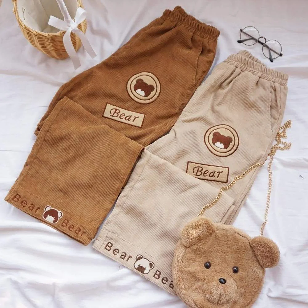 Preppy Style Cartoon Bear Embroidery Corduroy Cute Girls Casual Pants SP15505