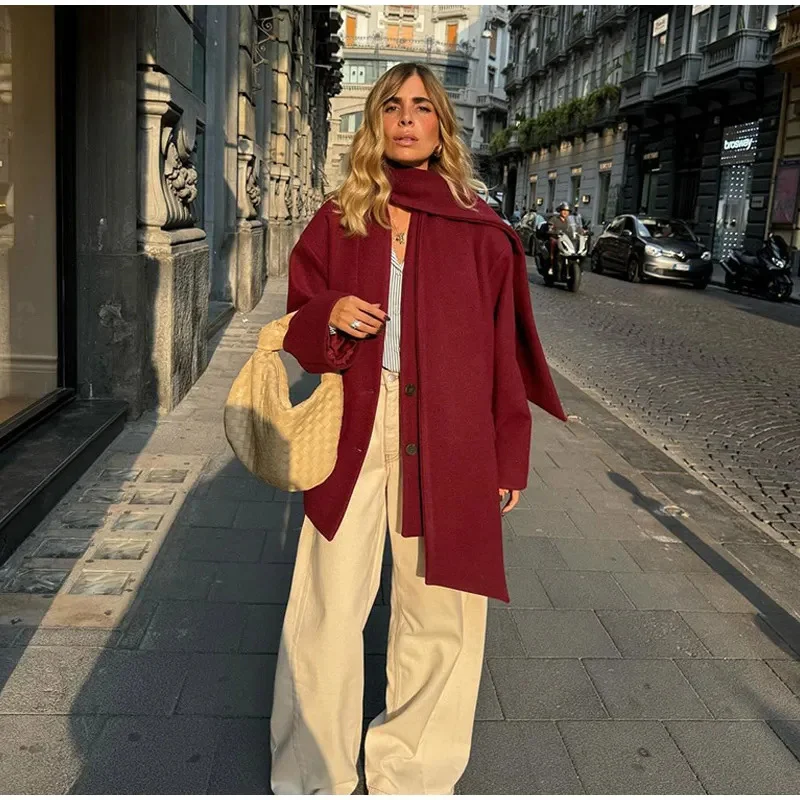 Nigikala Nigikala Women's Explosive Single-Row Buckle Scarf Hair Coat