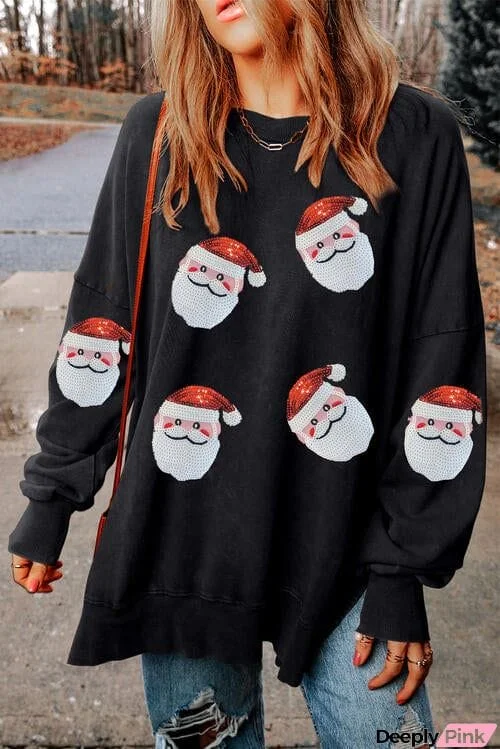 Sequin Santa Round Neck Slit Sweatshirt