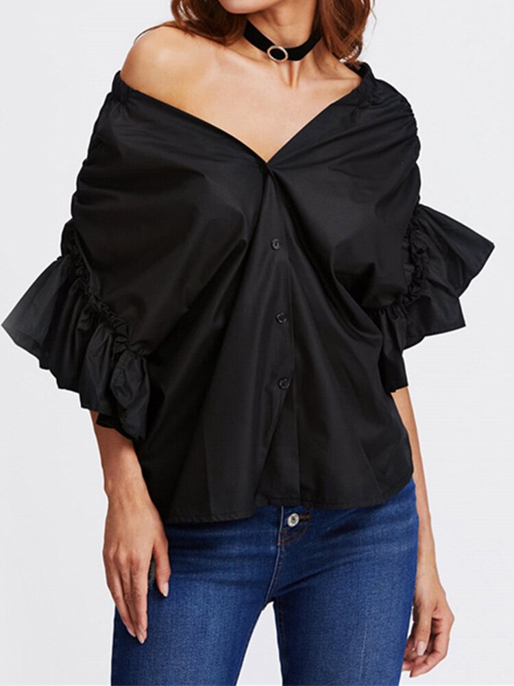 Casual One Shoulder Pleated Half Sleeve Women Blouses P1181177