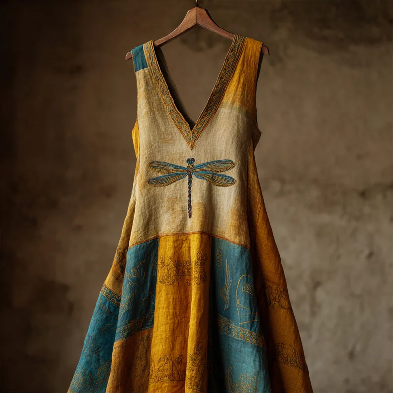 Dragonfly Ancient Egyptian Colorblock Linen Maxi Dress