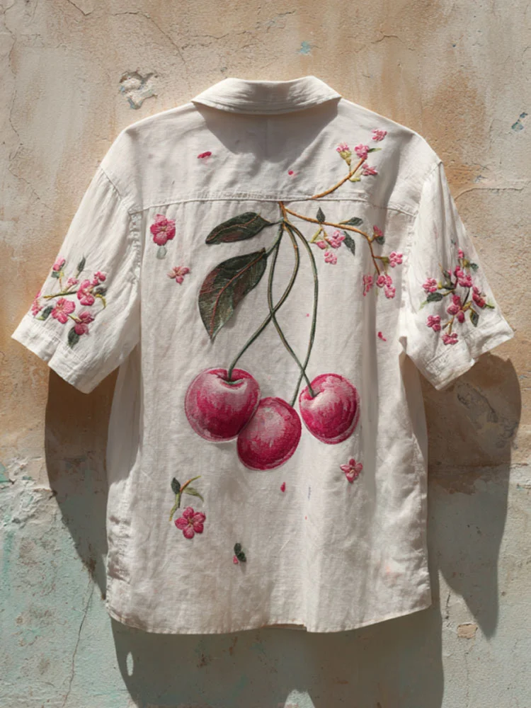Women's Japanese Art Pink Awareness Cherry Embroidery Printed Shirt