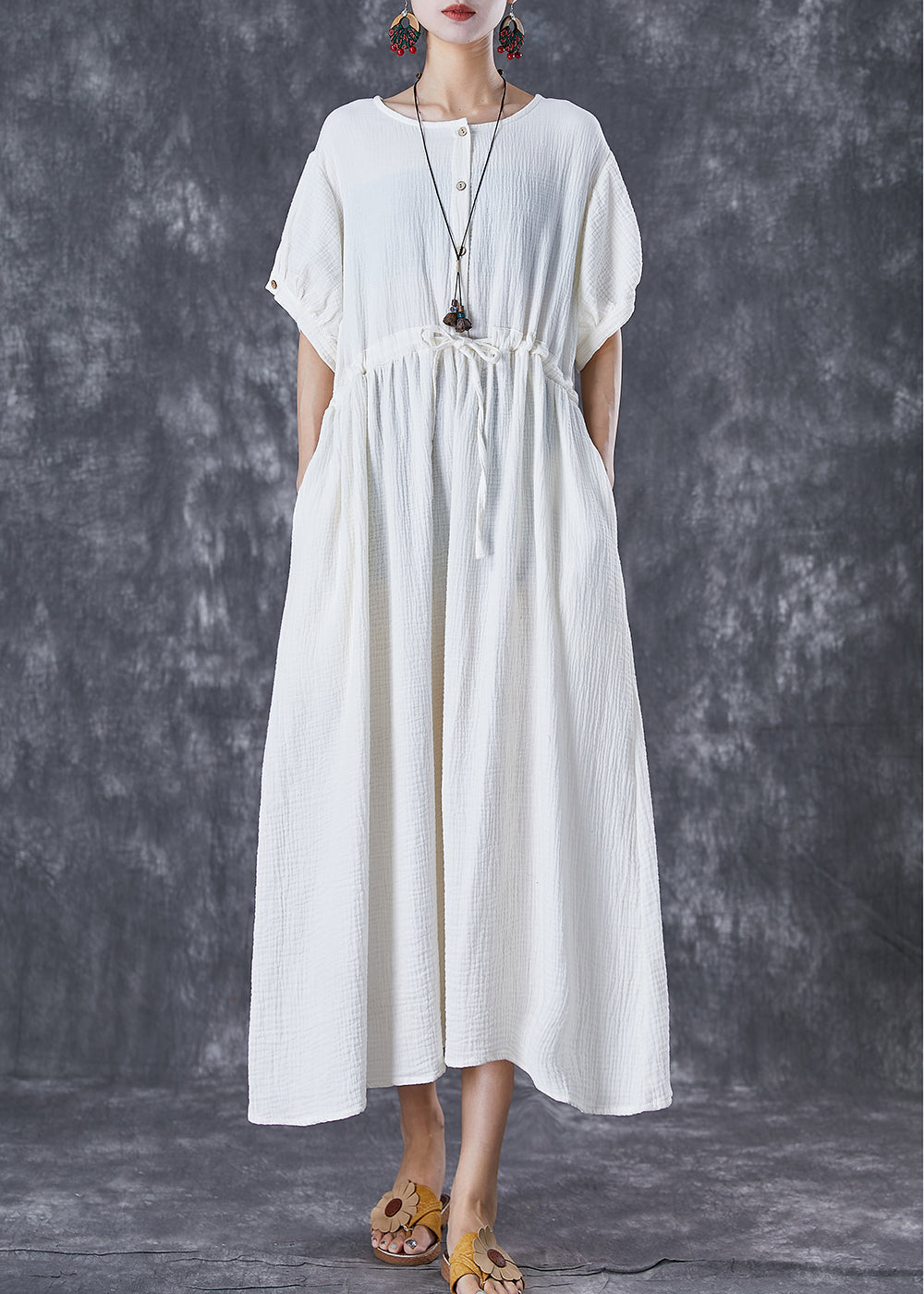 VCSHOES White Cinched Pockets Cotton Holiday Dress Summer