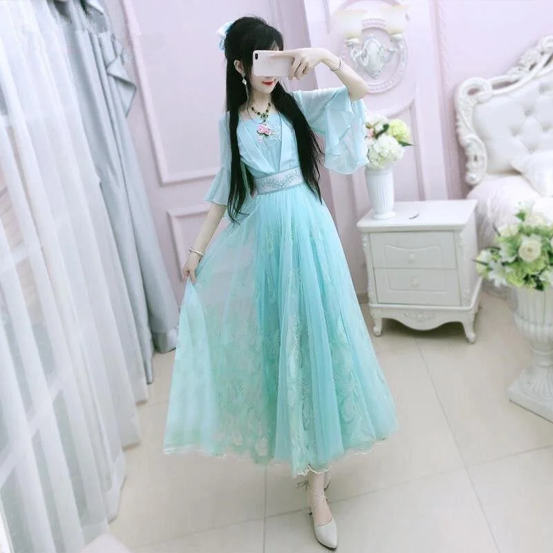 2020 Summer Chinese Style Han Dynasty Women Dress Green Color Embroidery Flower Female Dresses