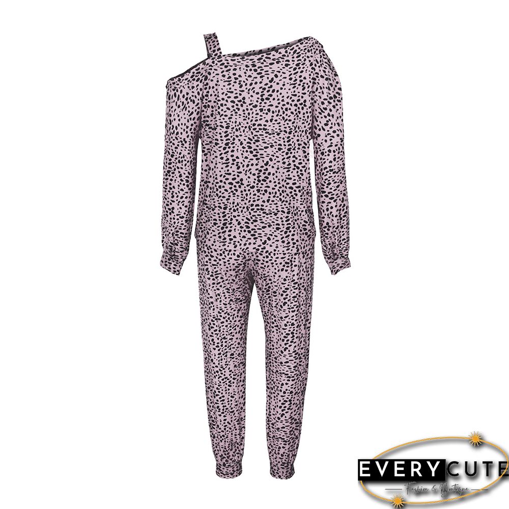 Pink Leopard Print Cold Shoulder Loungewear Pant Set