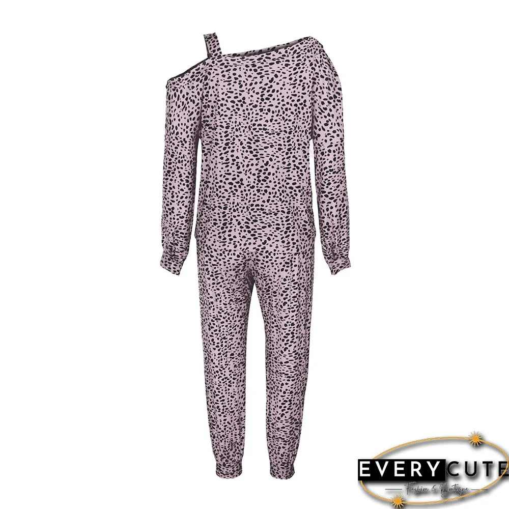 Pink Leopard Print Cold Shoulder Loungewear Pant Set